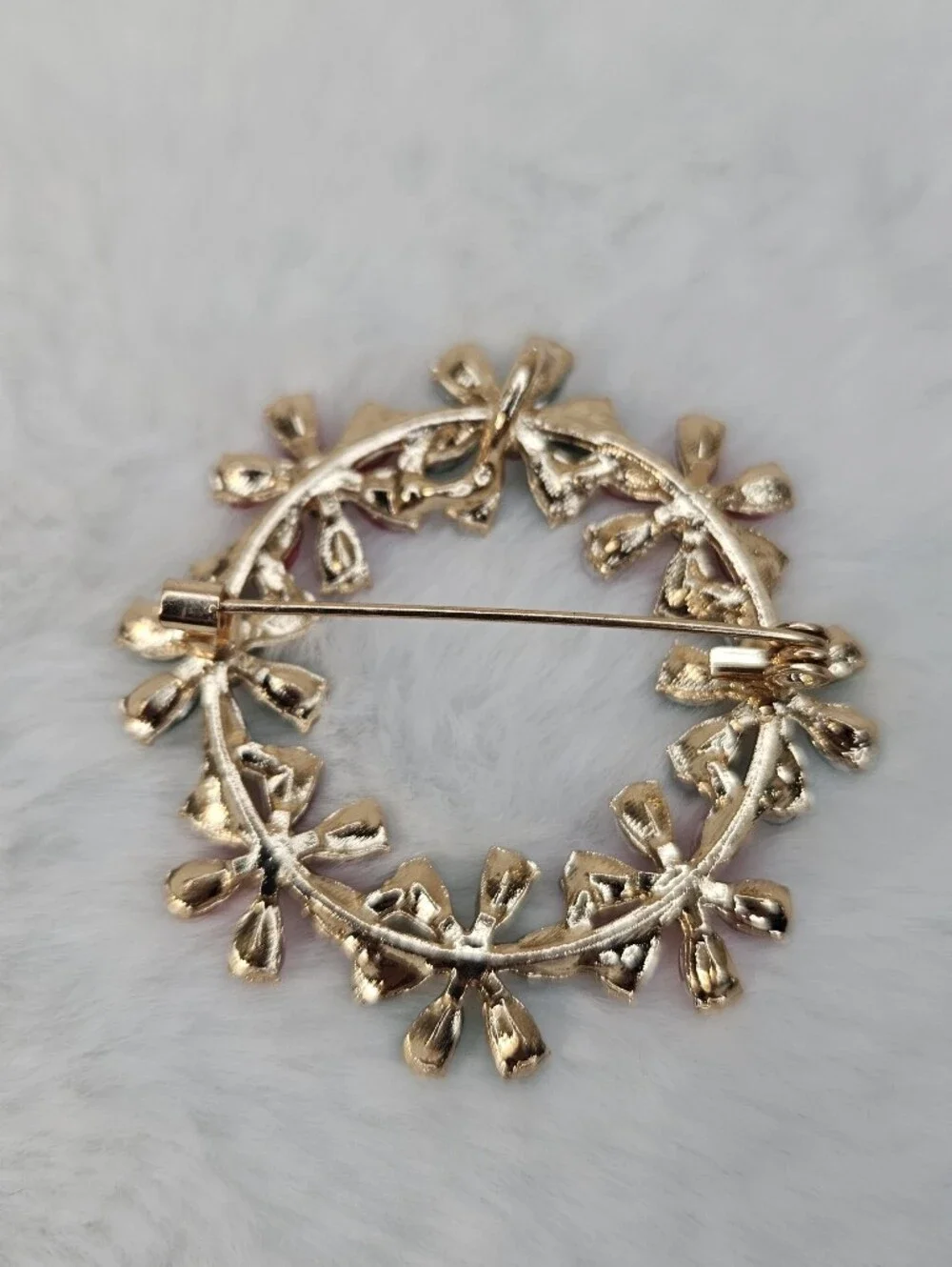 Gold-Tone Red & Teal Floral Crystal Wreath Brooch